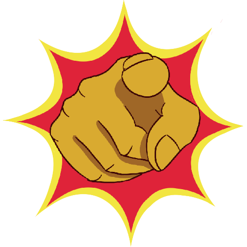 a yellow hand pointing at the viewer on top of a red and yellow spiky shape.